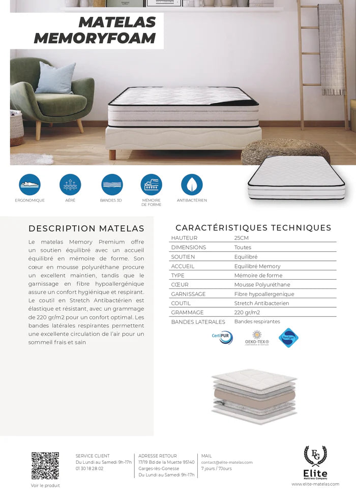 Matelas - Élite Memory - Mousse à Mémoire de Forme - 25 cm