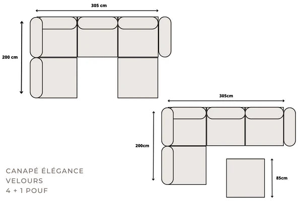 Canapé Elégance - Velours - Modulable 4+1 Pouf